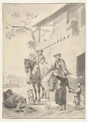 Ruiters rustend bij een herberg by Hendrik Verschuring, drawing, 1637-1690