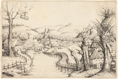 River Landscape with Wooden Bridge by Augustin Hirschvogel, print, 1546