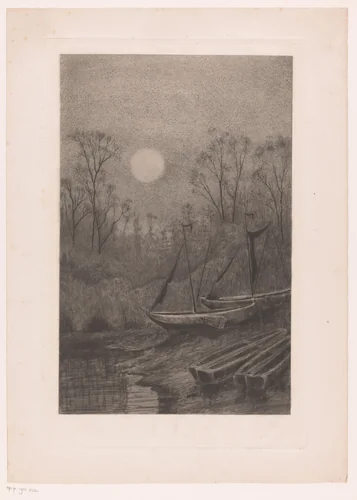 Kleine zeilschepen op de kant bij maanlicht by Jules Guiette, print, 1862-1901