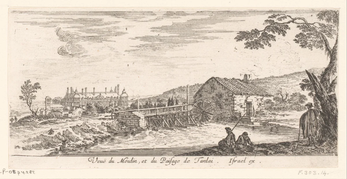 Gezicht op molen en landschap rond Tanlay by Israël Silvestre, print, 1631-1691