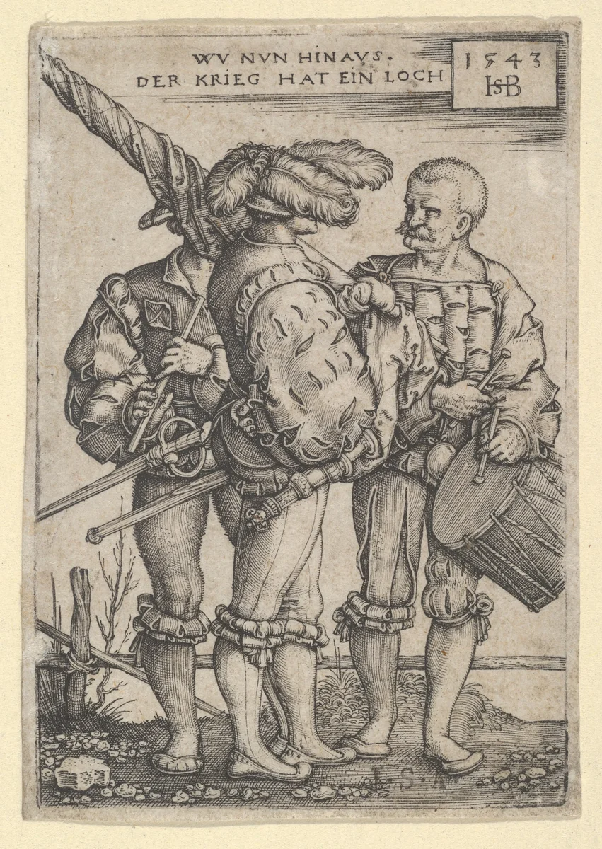 Ensign, Drummer and Piper by Sebald Beham, print, 1543