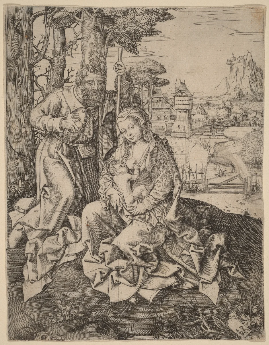 The Holy Family in a Landscape by Jan Rombouts, print, 1515-1535