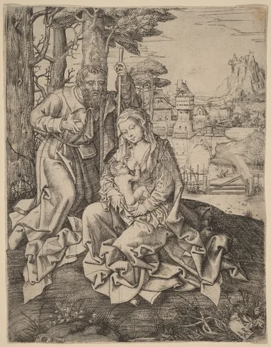 The Holy Family in a Landscape by Jan Rombouts, print, 1515-1535