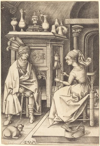 The Visit to the Spinner by Israhel van Meckenem, print, 1495-1503