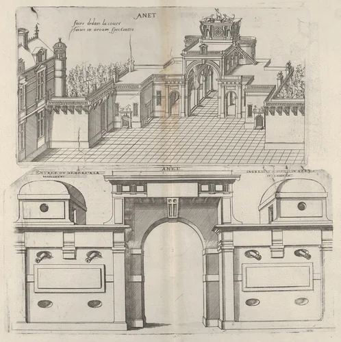 Interior View of the Court Yard and Frontal View of the Defense Mechanism at Chateau d'Anet, from "Les plus excellents bastiments de France" by Jacques Androuet du Cerceau, print, 1607