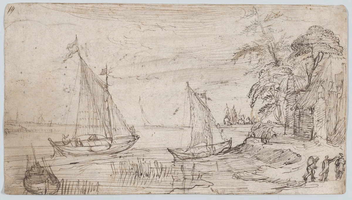 Riverscape with Two Sailboats and Several Figures; verso: A Mountainous Landscape near a River with a Horse-Drawn Barge and Several Figures by Cornelis Claesz van Wieringen, drawing, 1596-1633