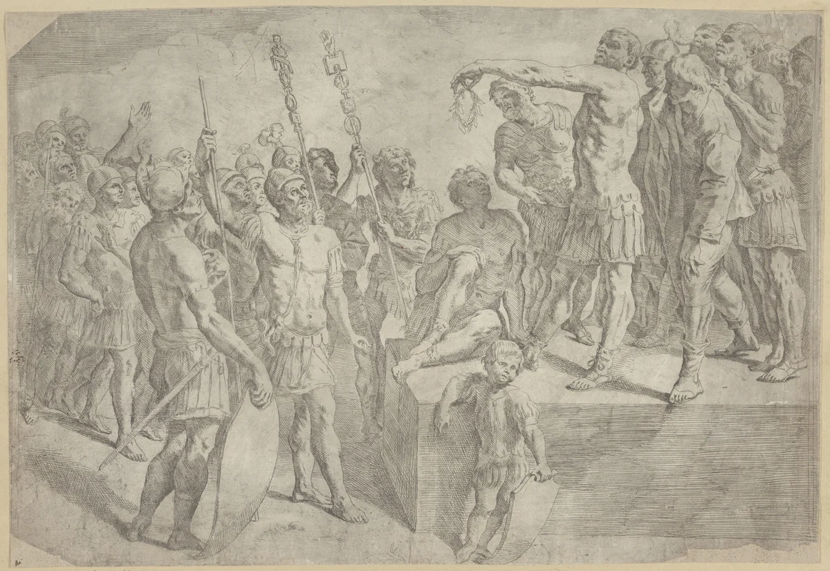Romeinse generaal spreekt zijn soldaten toe by Giovanni Lanfranco, print, 1592-1647