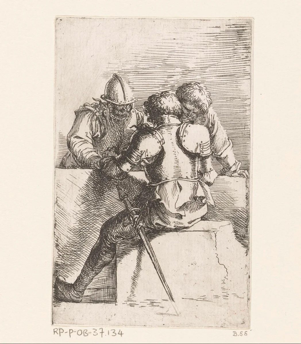 Drie soldaten by Salvator Rosa, print, 1656-1657