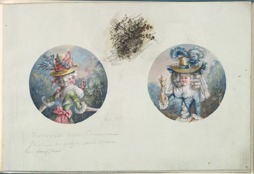 Two Costume Designs or Portrait Types of Two Women with Straw Hats by anonymous, other, 1785-1790