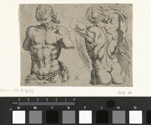 Studieblad met twee mannentorso's by Pieter Feddes van Harlingen, print, 1611-1623