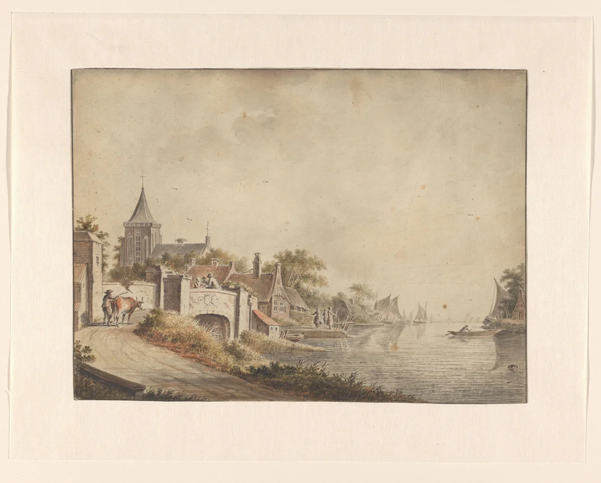 Gezicht op een stad aan het water by Dirk Verrijk, drawing, 1744-1786
