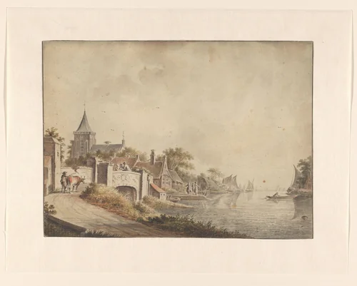 Gezicht op een stad aan het water by Dirk Verrijk, drawing, 1744-1786