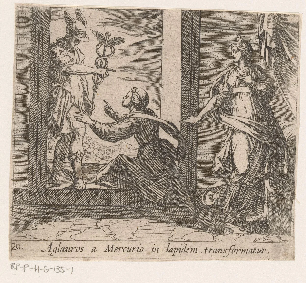 Mercurius verandert Aglauros in steen by Antonio Tempesta, print, 1606-1638