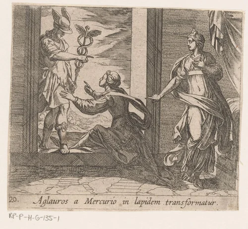 Mercurius verandert Aglauros in steen by Antonio Tempesta, print, 1606-1638