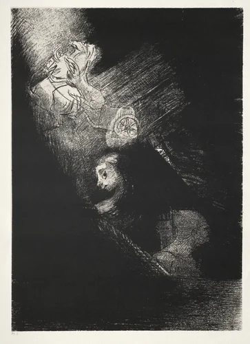 First a Pool of Water, Then a Prostitute, the Corner of a Temple, a Soldier's Face, a Chariot with Two White, Rearing Horses by Odilon Redon, print, 1888