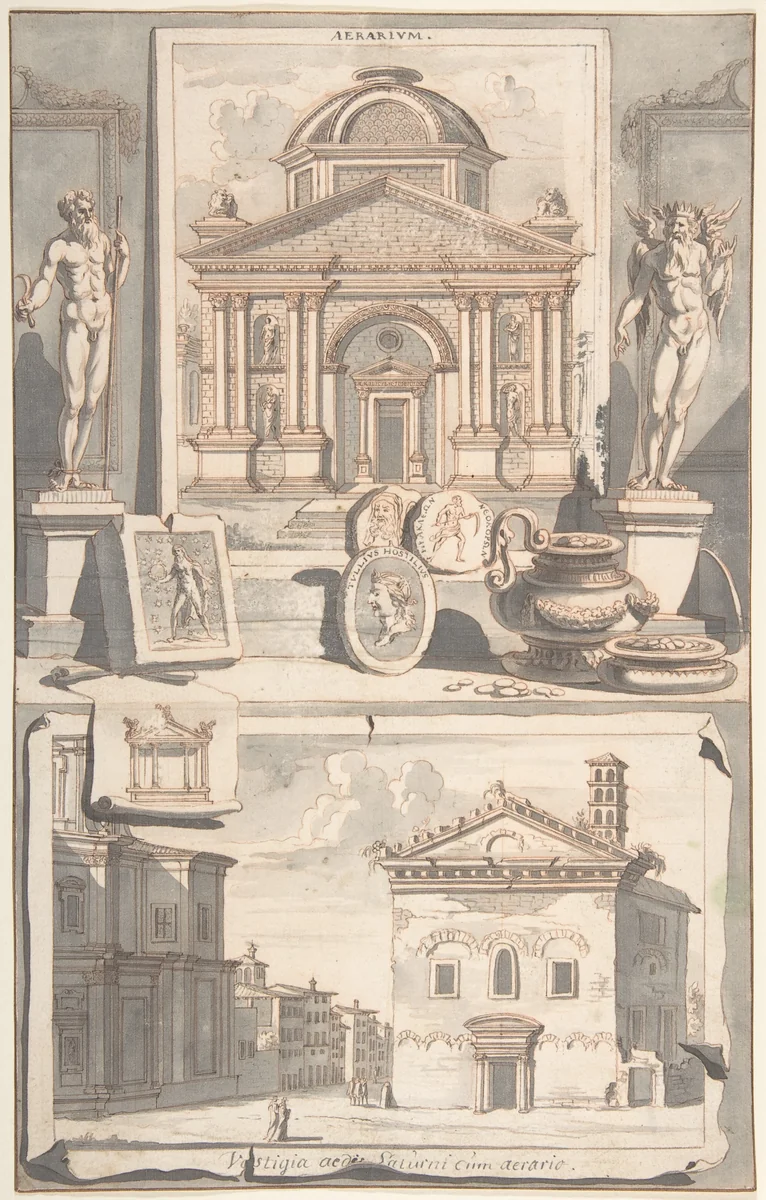 A Reconstruction of the Aerarium (above) and a View of the Ruins (below) by Jan Goeree, drawing, 1690-1704