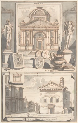 A Reconstruction of the Aerarium (above) and a View of the Ruins (below) by Jan Goeree, drawing, 1690-1704