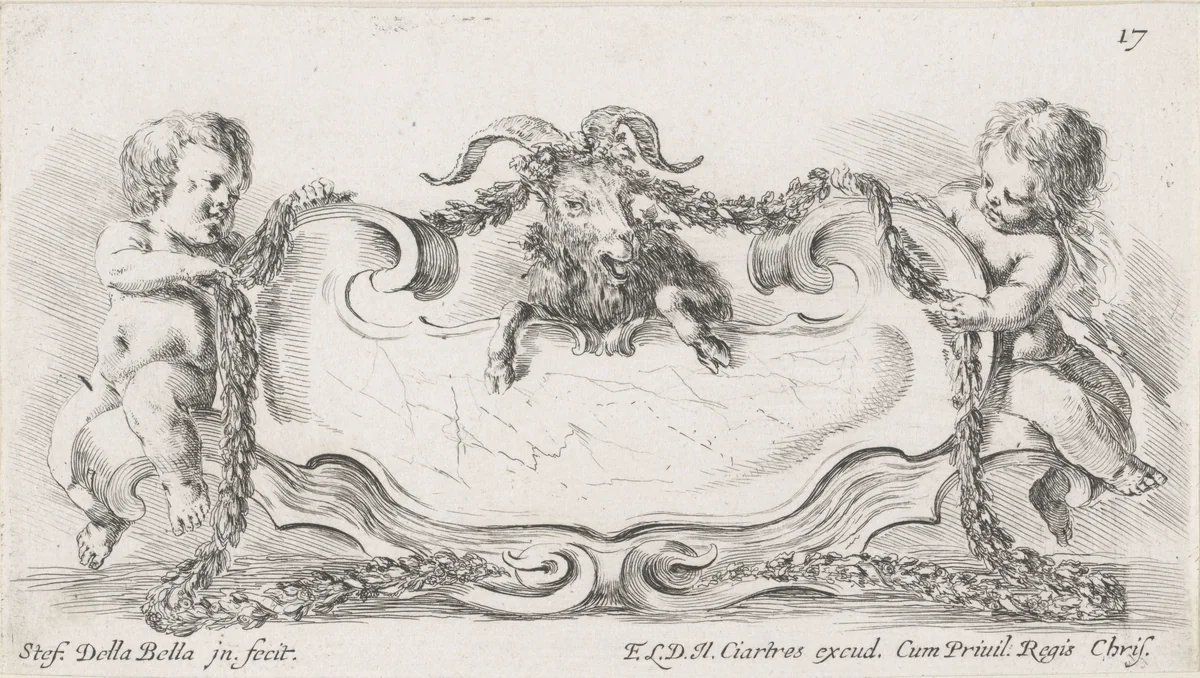 Cartouche met ram en twee putti by Stefano della Bella, print, 1620-1664