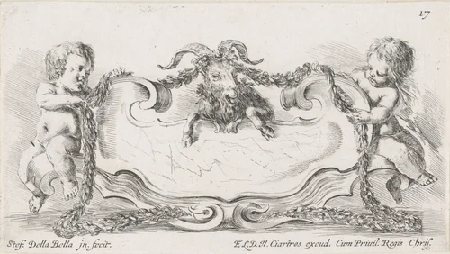 Cartouche met ram en twee putti by Stefano della Bella, print, 1620-1664
