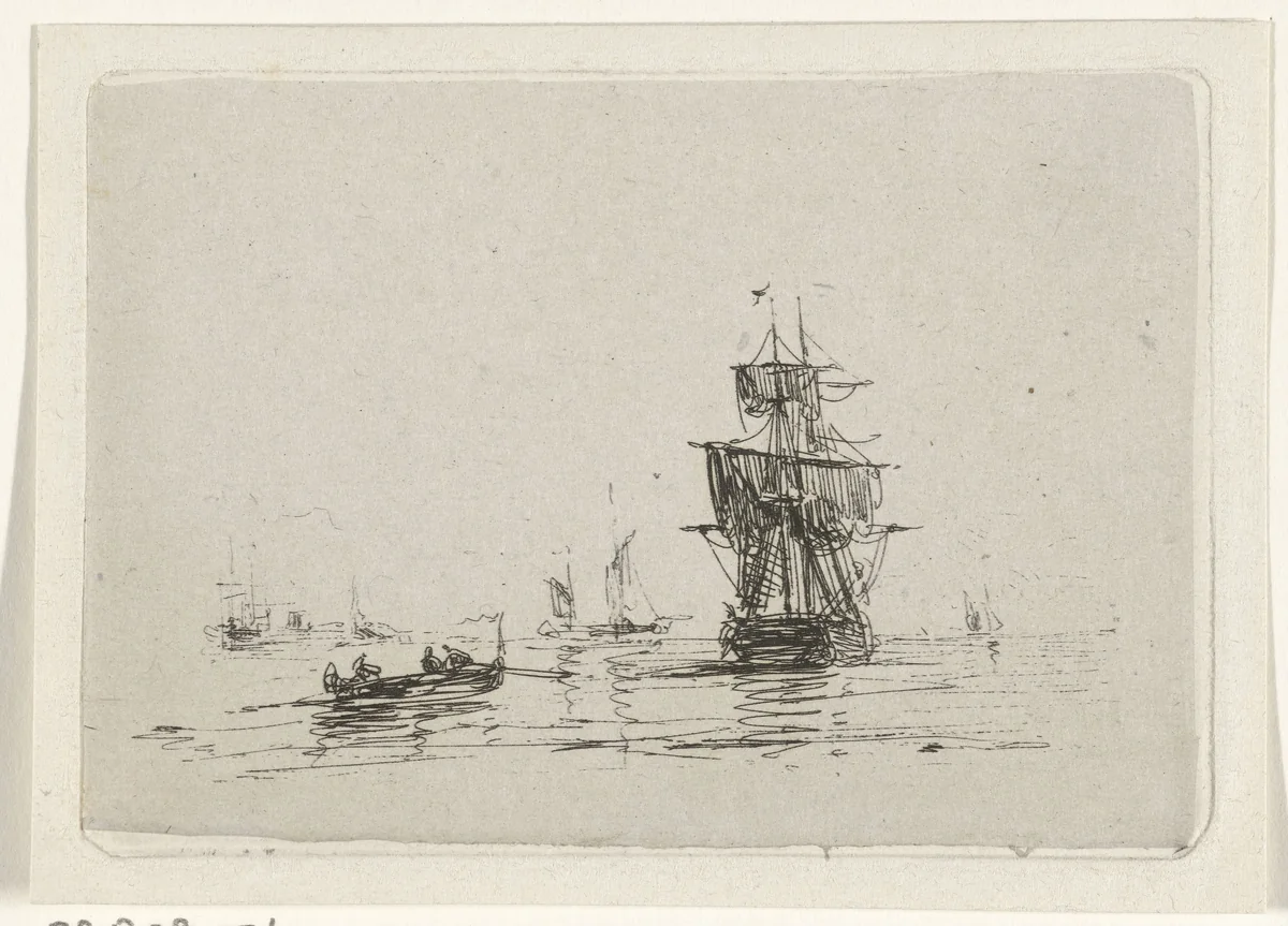 Marine met zeilschip by Maurits Frederik Hendrik de Haas, print, 1854-1856