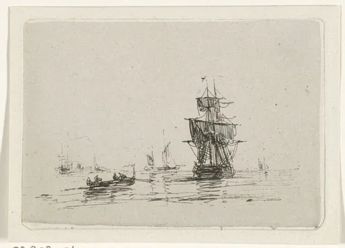 Marine met zeilschip by Maurits Frederik Hendrik de Haas, print, 1854-1856