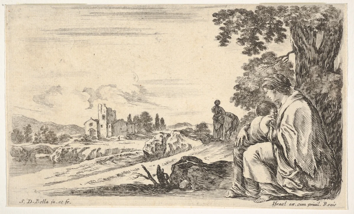 A peasant woman facing left in profile nurses a baby under a tree at right, a woman, seen from behind, walking next to a donkey in the middle ground, a church and bridge to left in background, from "Various figures and lands" (Diverse figure e paesi) by Stefano della Bella, print, 1649