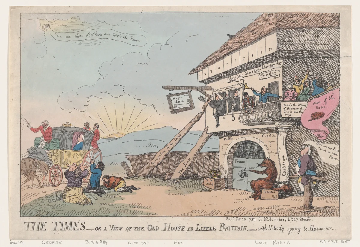 The Times - Or A View Of The Old House In Little Brittain - With Nobody Going To Hannover by Thomas Rowlandson, print, 1784