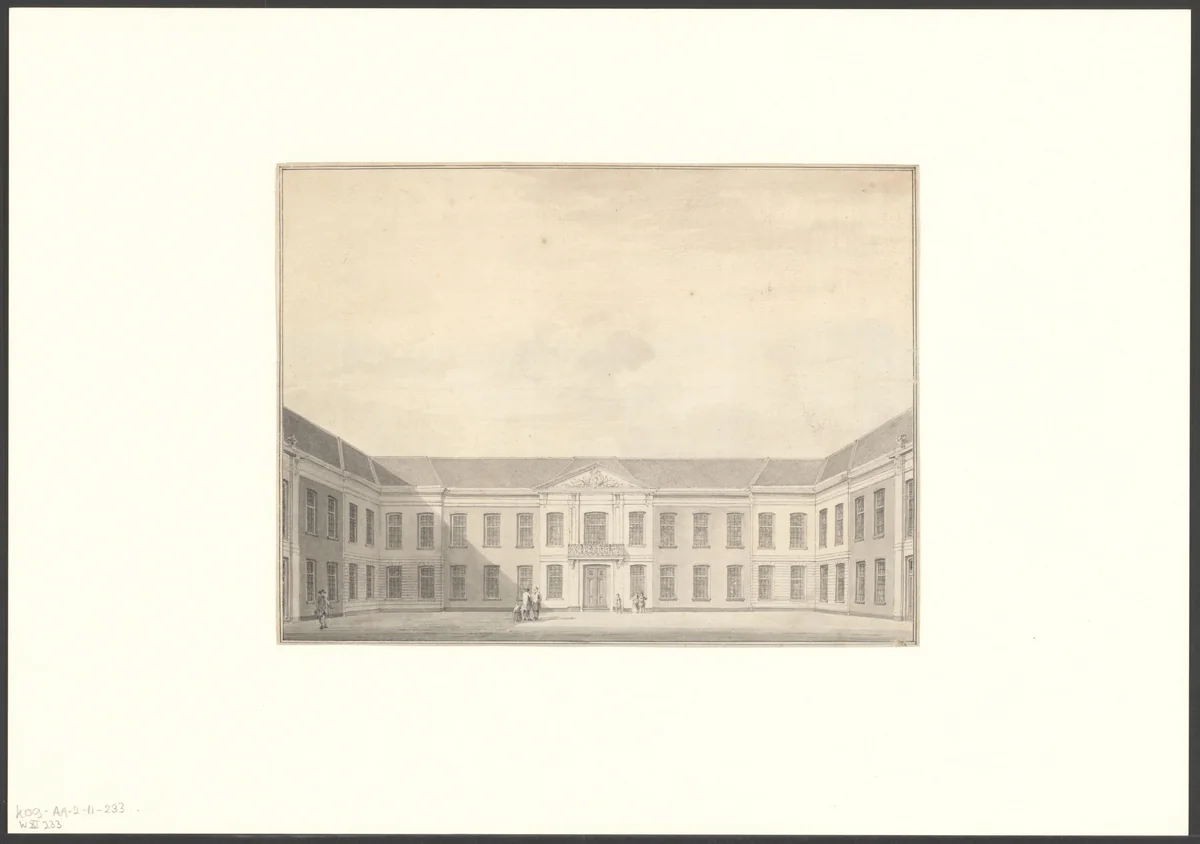 Gezicht op het Oudemannenhuis by Paulus van Liender, drawing, 1741-1797