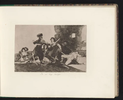 Soldaten met getrokken zwaard bedreigen vrouwen by Francisco de Goya, book, 1810-1820