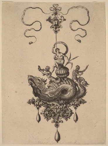 Design for a Pendant with Sea-Monster Carrying a Woman on a Shell Flanked by a Triton and a Man with an Oar by Adriaen Collaert, print, 1582