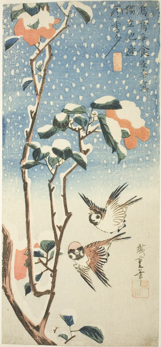 Sparrows and Camellia in Snow by Utagawa Hiroshige (歌川広重), print, 1826-1838