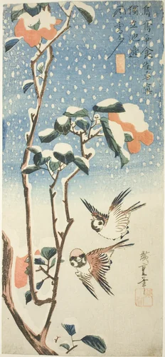 Sparrows and Camellia in Snow by Utagawa Hiroshige (歌川広重), print, 1826-1838