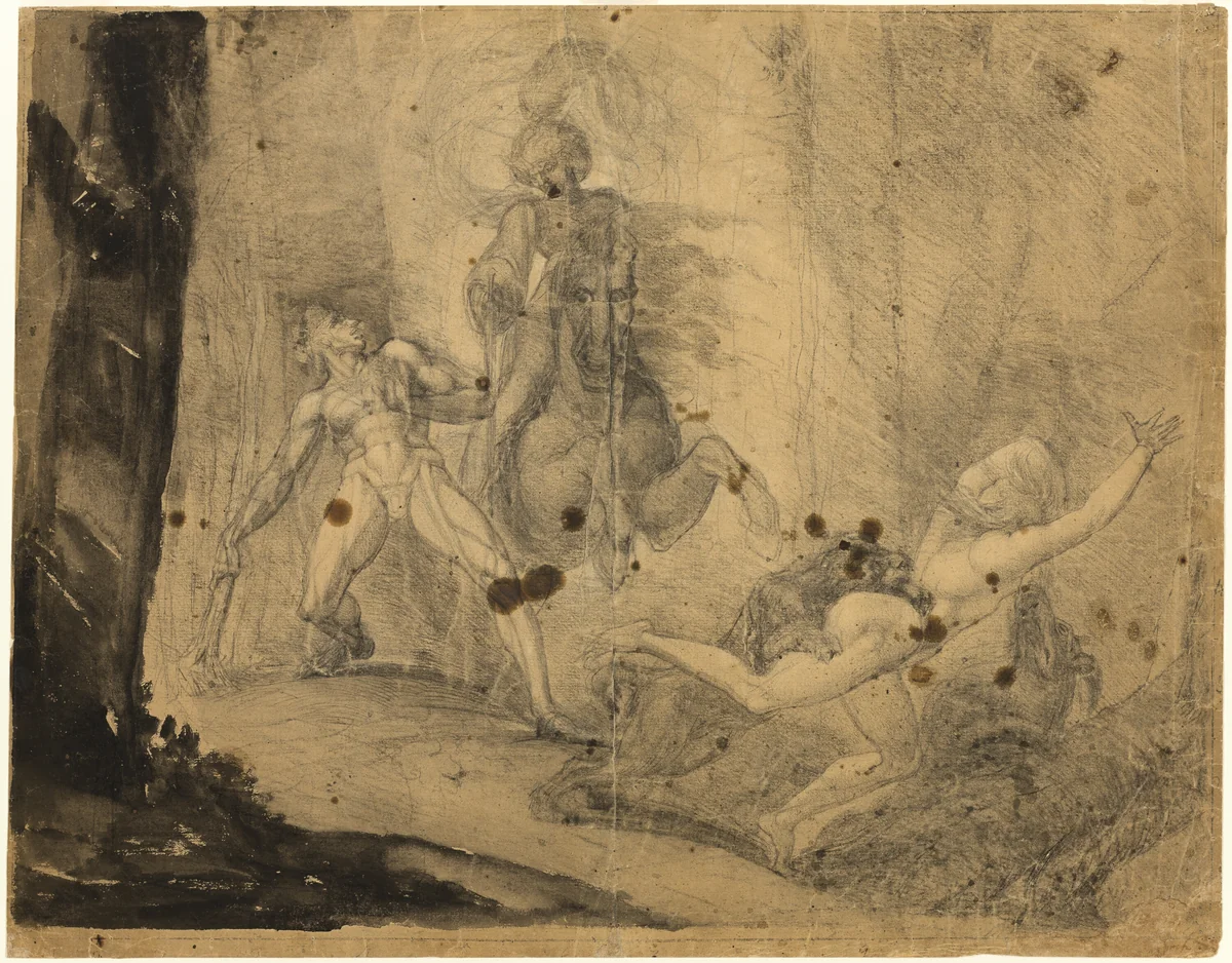 Theodore Meets in the Wood the Specter of His Ancestor Guido Cavalcanti, Chasing with Mastiffs His Former Disdainful Mistress by Henry Fuseli, drawing, 1783-1784