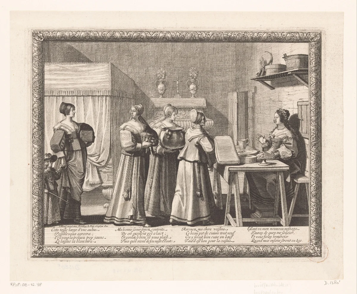 Vrouwen brengen geschenken naar de bruid by Abraham Bosse, print, 1632-1633