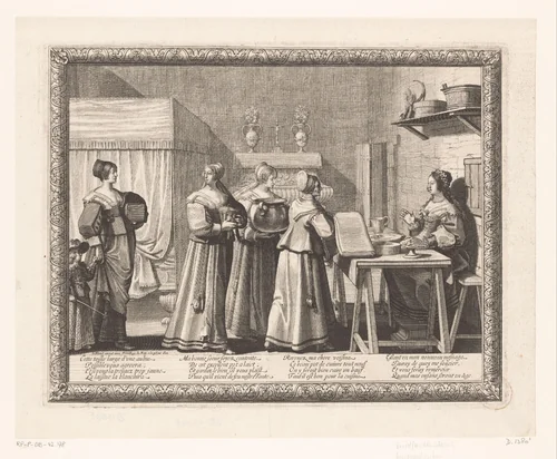 Vrouwen brengen geschenken naar de bruid by Abraham Bosse, print, 1632-1633