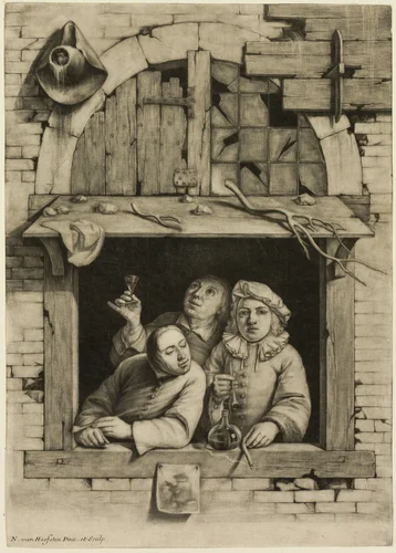 Three Smokers at a Window by Nicolas van Haften, print, 1683-1715