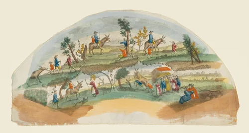 Fan design, donkeys and people in the countryside by anonymous, print, 1701-1800