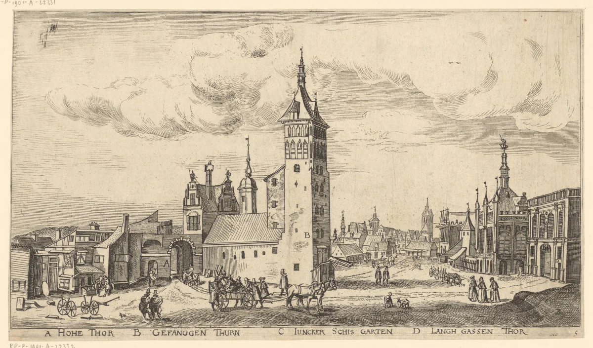 Gezicht op de gevangenistoren in Danzig, gezien vanuit het zuiden by Aegidius Dickmann, print, 1625