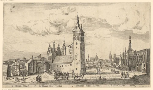 Gezicht op de gevangenistoren in Danzig, gezien vanuit het zuiden by Aegidius Dickmann, print, 1625