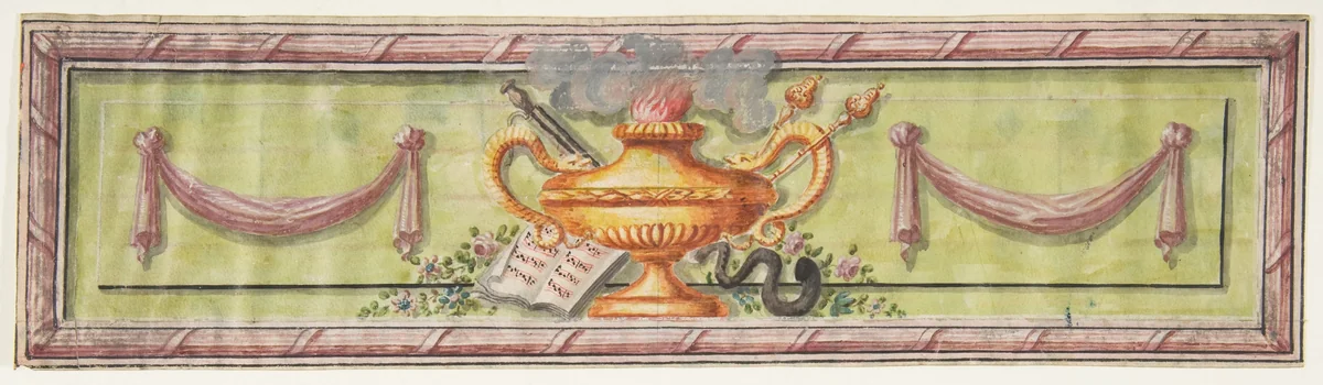 Ornamental Panel with Flaming Lamps and Sheet Music by anonymous, drawing, 1800-1899