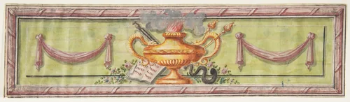 Ornamental Panel with Flaming Lamps and Sheet Music by anonymous, drawing, 1800-1899