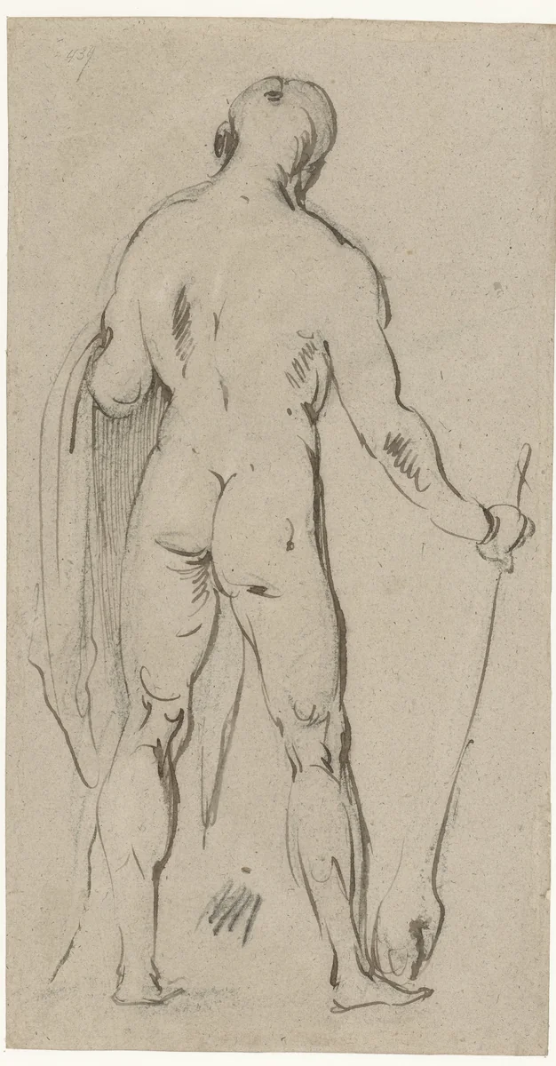 Staand mannelijk naakt, op de rug gezien (Hercules?) by Jan Philipsz, drawing, 1600-1631