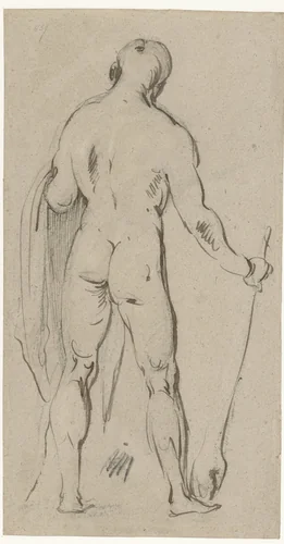 Staand mannelijk naakt, op de rug gezien (Hercules?) by Jan Philipsz, drawing, 1600-1631