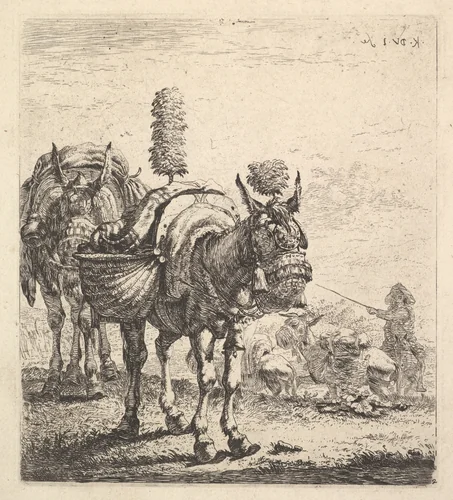 Two mules bearing panniers and outfitted with blinders, plumes, and tassels; one mule in three-quarter view and behind it a mule in frontal view; beyond a man mounted on a horse directs mules with a rod by Karel Dujardin, print, 1641-1678