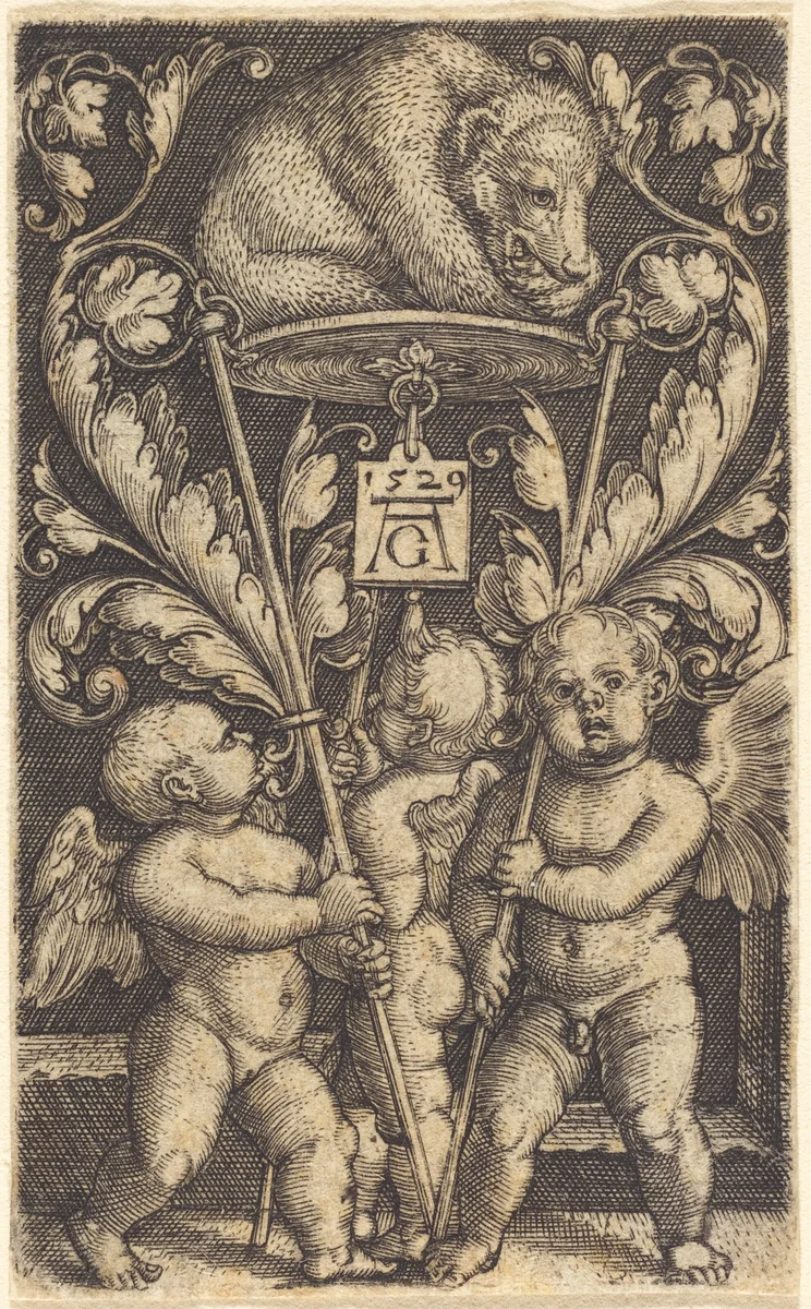 Three Cupids and a Bear by Heinrich Aldegrever, print, 1529