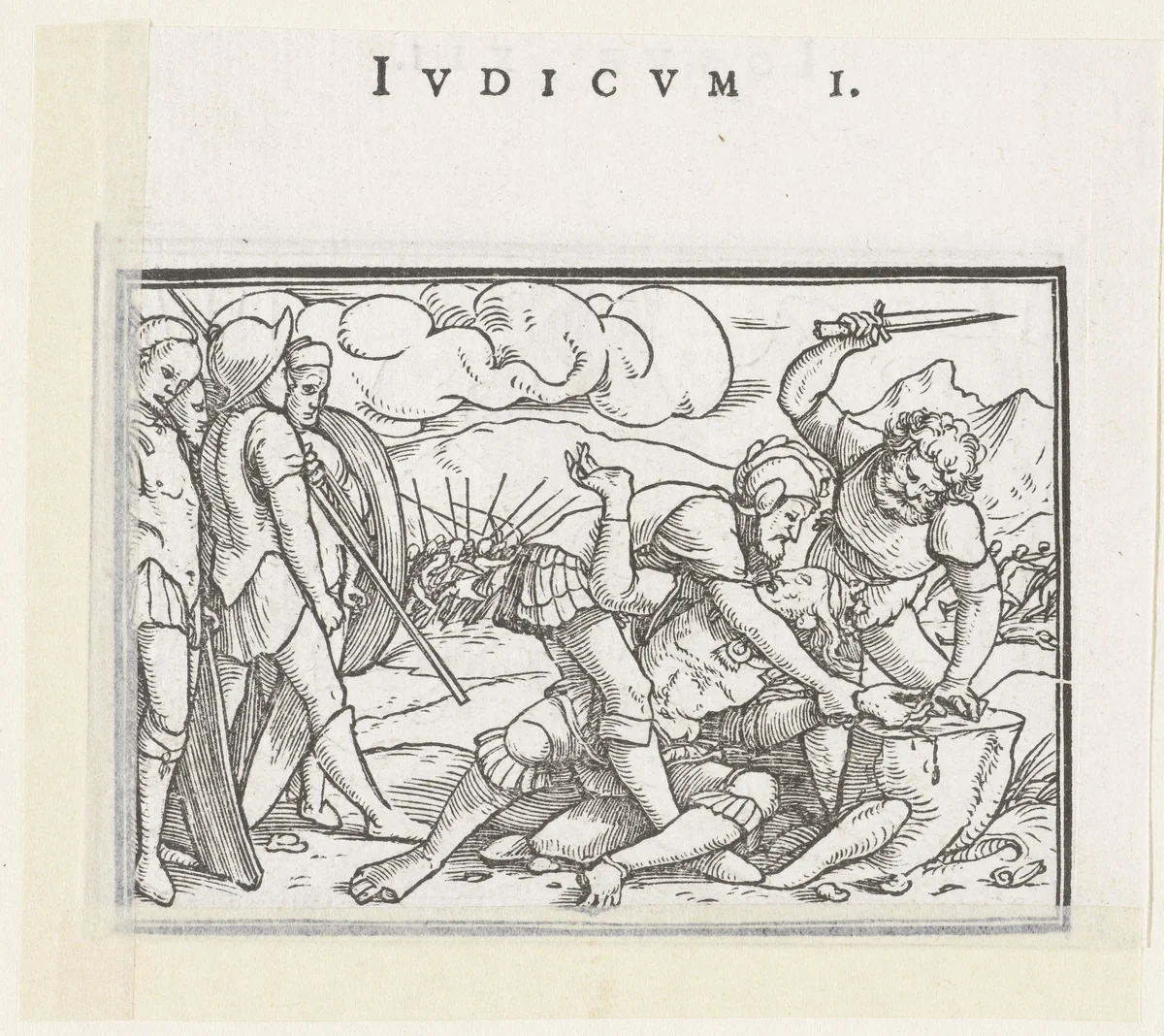 Tenen en duimen van Adonibezek worden afgehakt by Hans Holbein, print, 1538