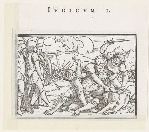Tenen en duimen van Adonibezek worden afgehakt by Hans Holbein, print, 1538