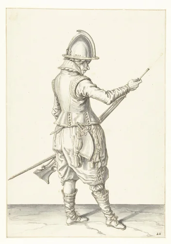 Soldaat die met zijn laadstok kruit en kogel in de loop van zijn roer duwt by Jacques de Gheyn, drawing, 1596-1606