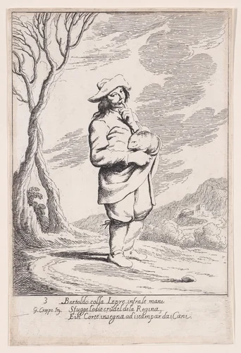 Plate 3: Bertoldo holding a hare in his hand, from "Bertoldo, Bertoldino, and Cacasenno" by Giuseppe Maria Crespi, print, 1705-1715