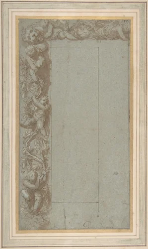 Design for Ornamental Border with Foliage, Putti and a Lion's Head by Alessandro Allori, drawing, 1535-1607